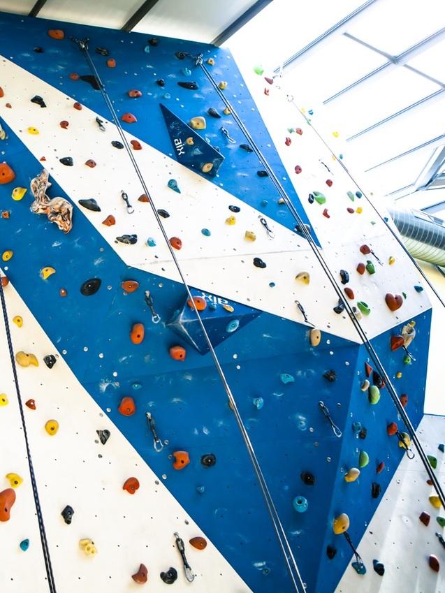 Blick auf eine Kletterwand mit bunten Griffen und Sicherungselementen in einer Indoor-Kletterhalle.