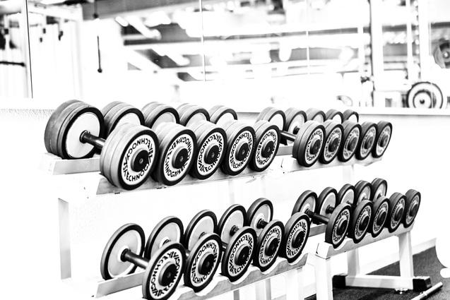 Reihe von Kurzhanteln auf einem Ständer in einem Fitnessstudio, vor einer Spiegelwand.