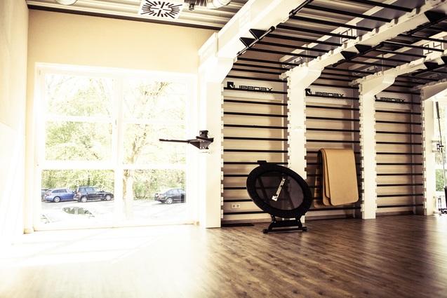 Heller Fitnessraum mit Wandregalen, einem Trampolin und Matten, sowie großen Fenstern mit Blick auf Bäume und Autos.