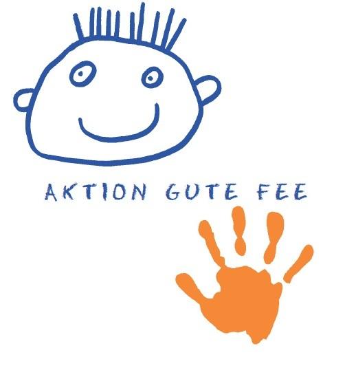Illustration eines lächelnden Gesichts mit offenen Haaren und einem orangefarbenen Handabdruck darunter. Text: "AKTION GUTE FEE".