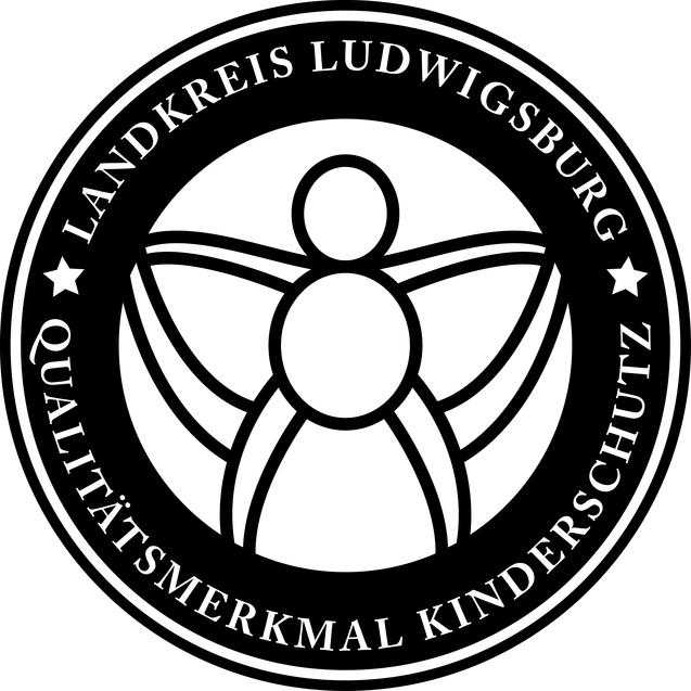 Logo des Landkreises Ludwigsburg mit einem stilisierten Menschen und der Aufschrift „Qualitätsmerkmal Kinderschutz“.