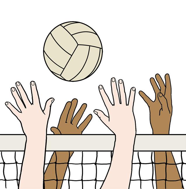 Hände von Spielern heben sich, um einen Volleyball über ein Netz zu schlagen. Der Ball schwebt darüber.