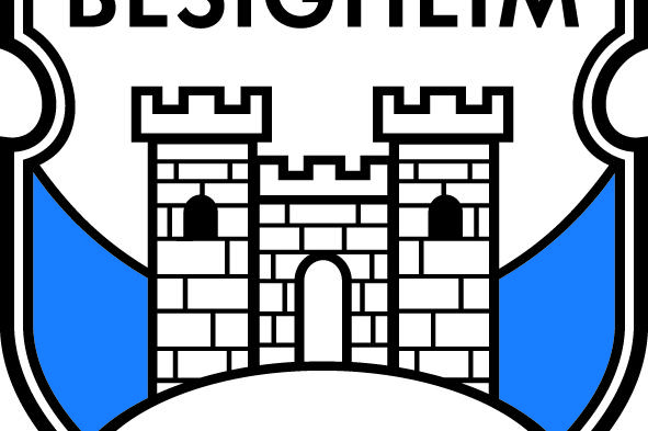 Wappen der Sportvereinigung Besigheim mit einer Burg und blauen Elementen, umrahmt von einem Schild. Unterhalb steht „1887“.