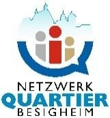Logo des Netzwerks Quartier Besigheim mit stilisierten Figuren in rot, beige und blau auf Wolkenhintergrund.