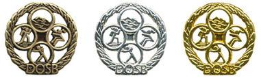 Drei Medaillen in Gold, Silber und Bronze mit Sportikonen und dem Schriftzug "DOSB" in einer kreisförmigen Anordnung.