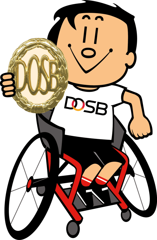 Trimmy, DOSB-Symbolfigur: Lächelnder Junge im roten Rollstuhl mit Daumen nach oben.