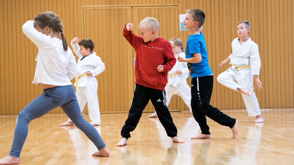 Sechs Kinder üben in einem Sportraum Kampfsportbewegungen in weißer und bunter Kleidung auf einem Holzfußboden.